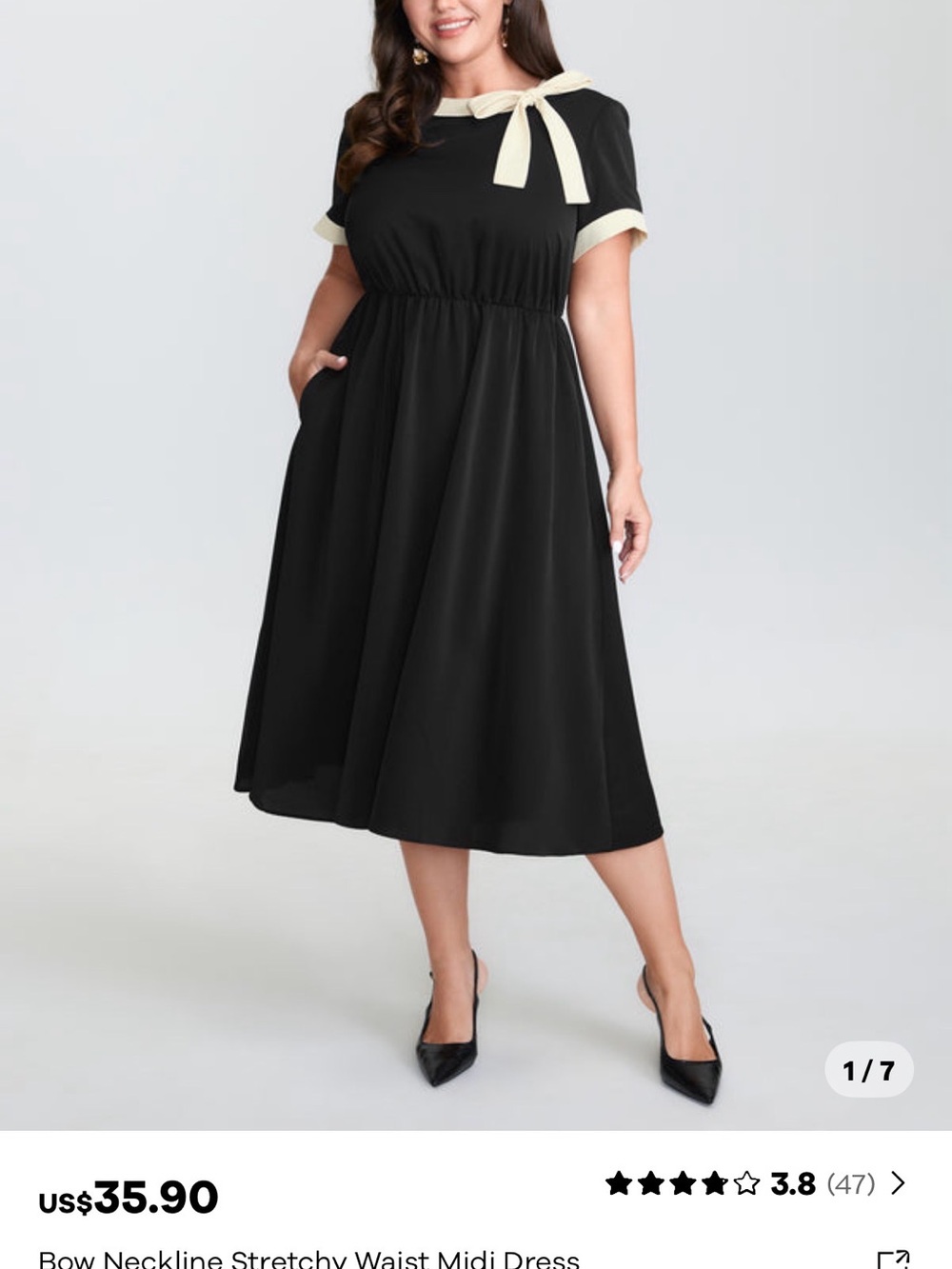 BloomChic Black Midi Dress with Cream Bow and Trim